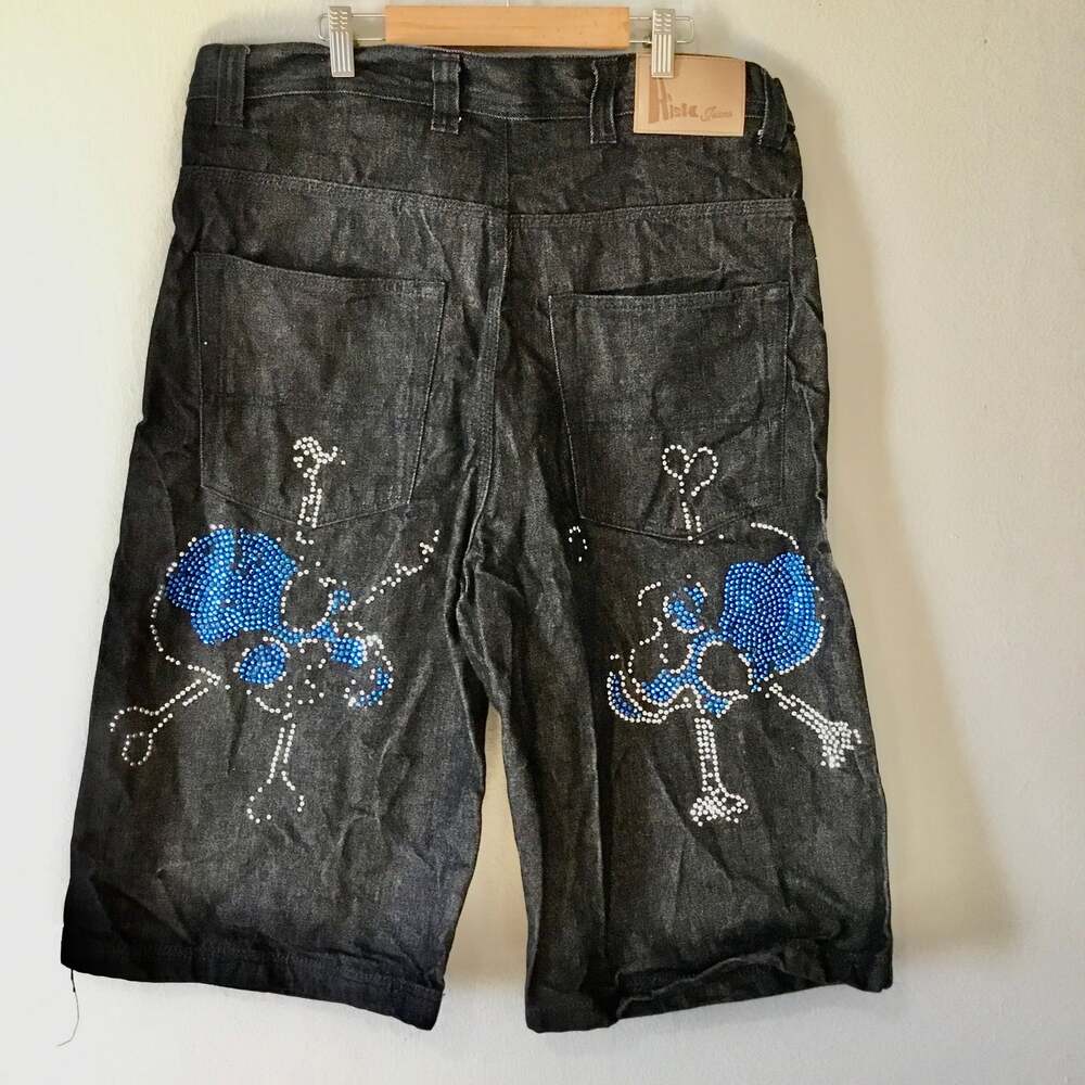 RISK Jeans Black Denim Rhinestone Skull & Bones Jorts Y2K Style Size 36